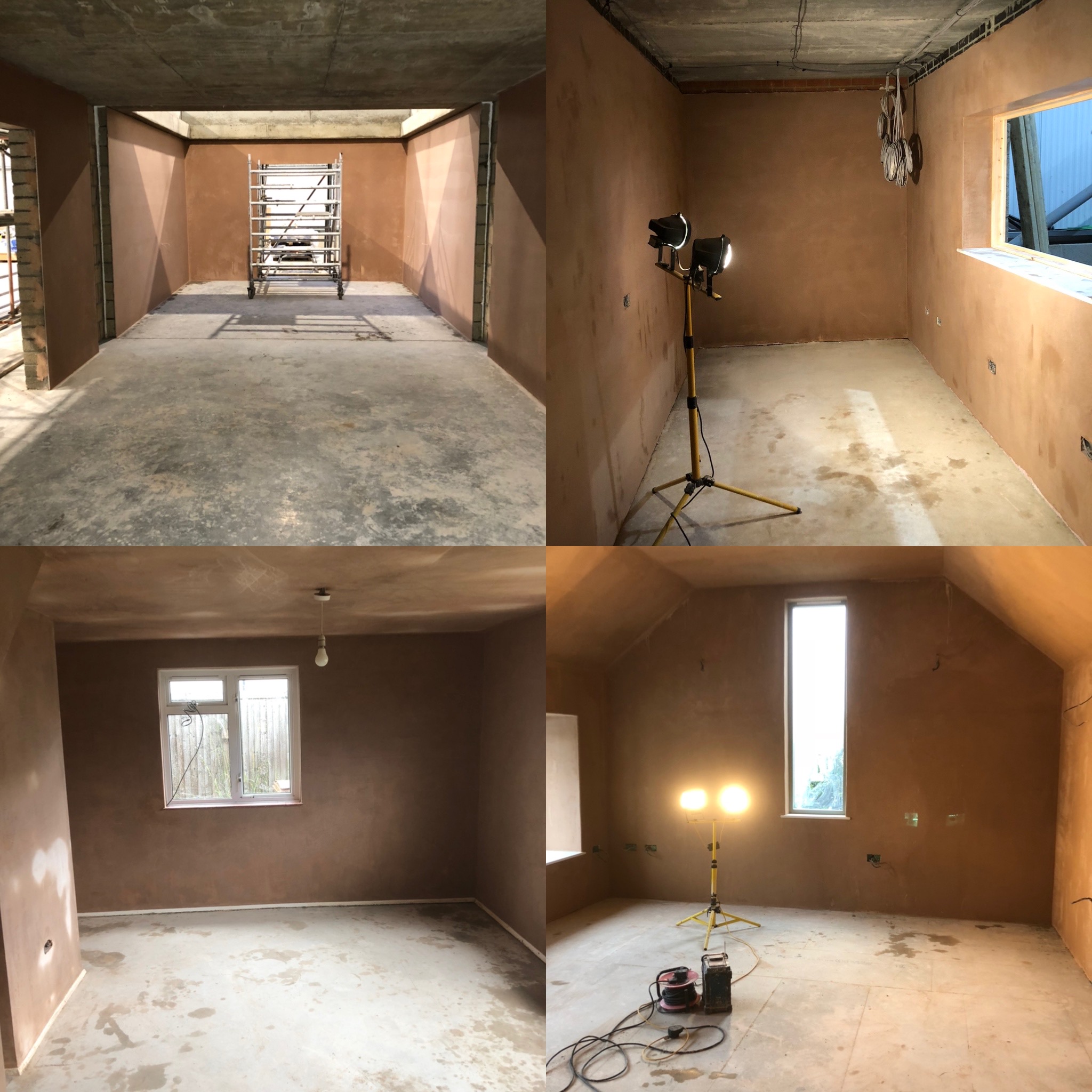 Four views of a freshly plastered empty room with a scaffold tower and work lights