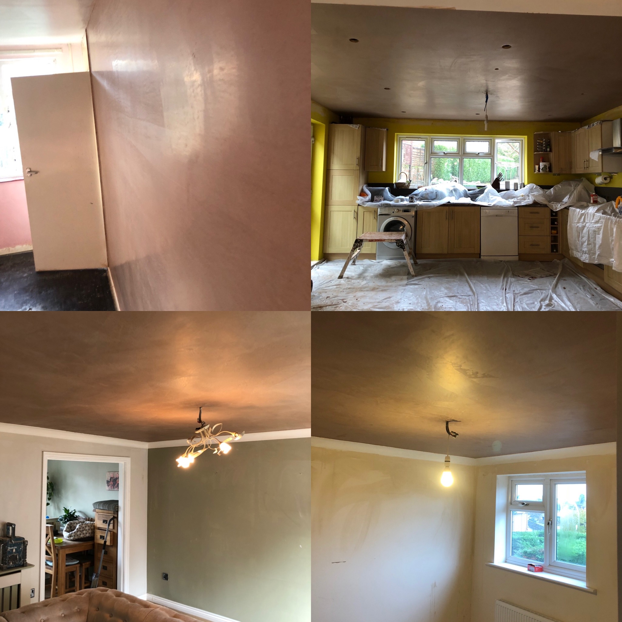 Four views of freshly plastered walls and ceilings, with a kitchen under dust sheets